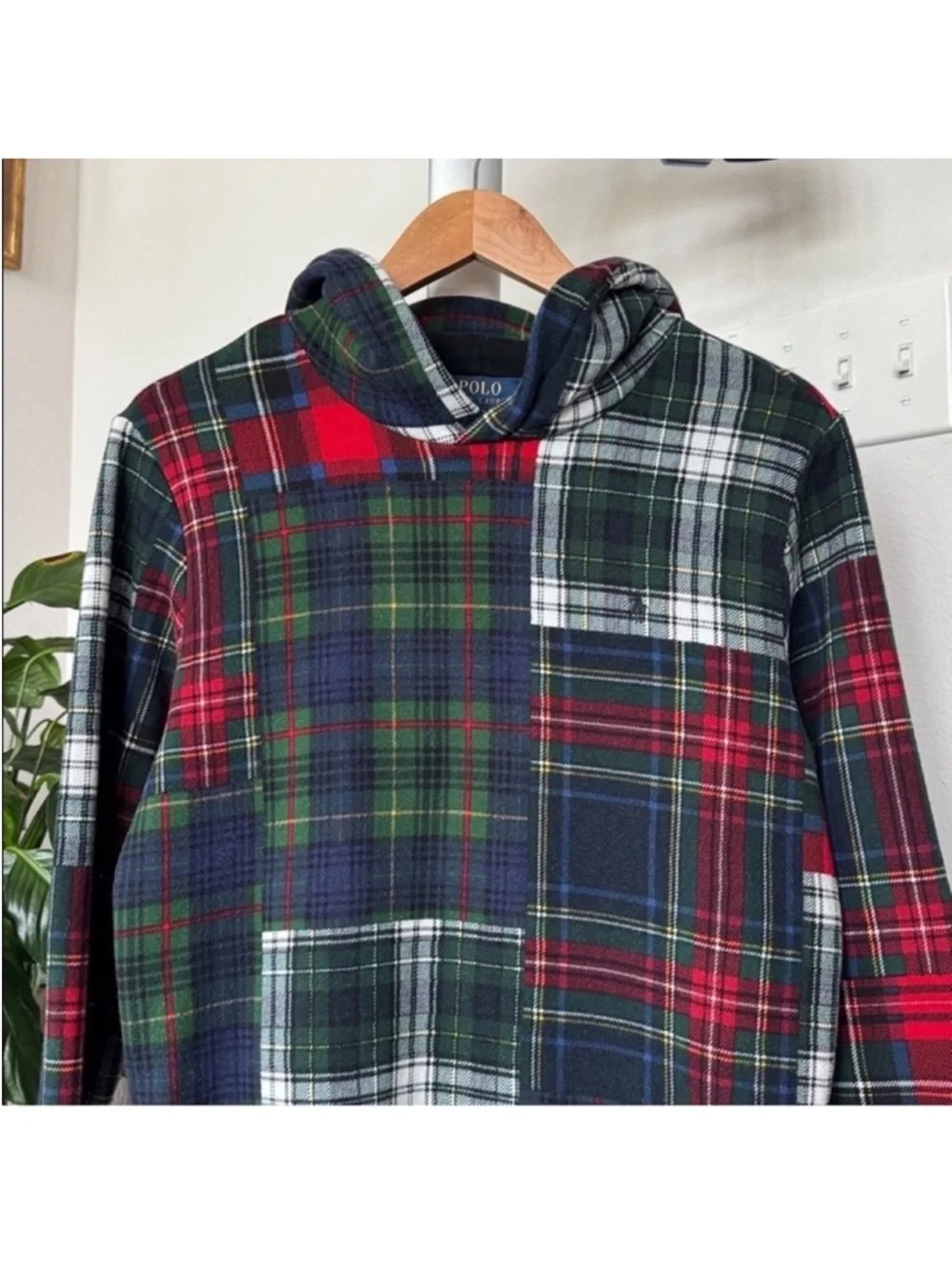 Polo Ralph Lauren Kids Youth Patchwork Plaid Fleece Hoodie/Sweatshirt Sz 14/16